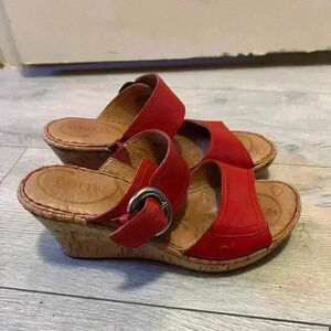 BORN Sandals Red Leather Double Strap Cork Platform GEMALA